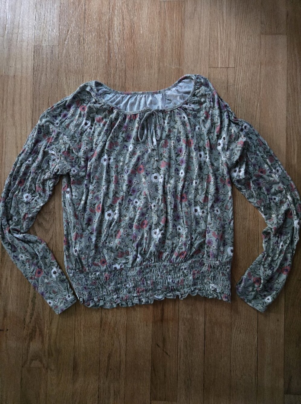 American Eagle Outfitters Sage Floral Smocked-Hem Long Sleeve Top